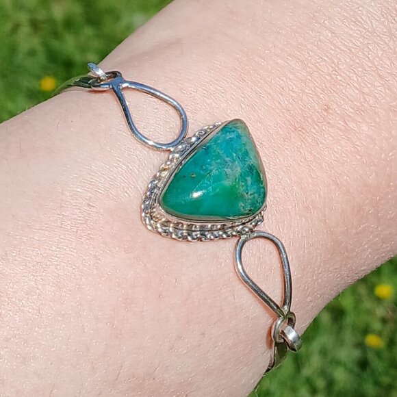 Vintage Sterling Silver & Chrysocolla Stone Hook Clasp Reygo 925 Mexico Bangle - Picture 1 of 13
